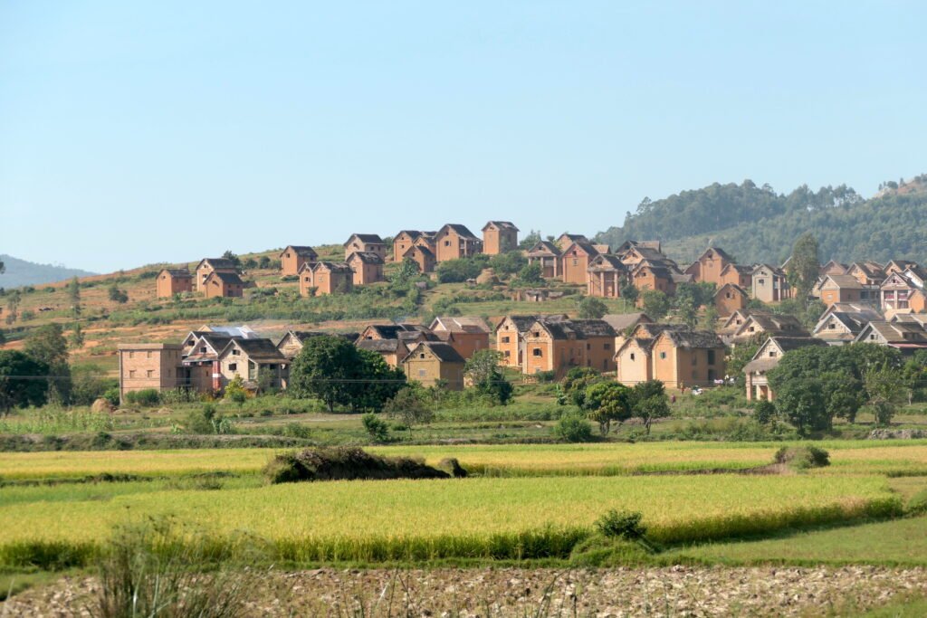 Traditional village in the highlands with green rice terraces and typical houses during the southwest Madagascar roundtrip with MadaPlus TRAVEL.